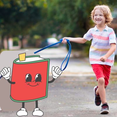 child walking a cartoon character on a leash