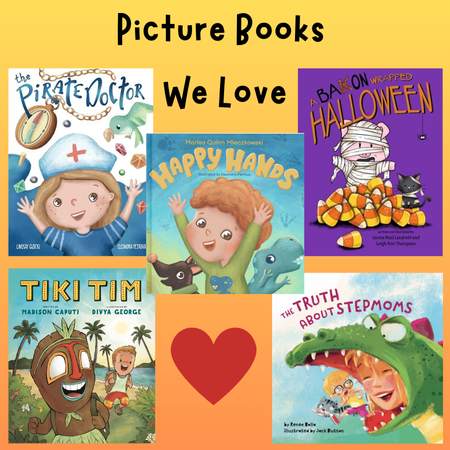 Books we love: Happy Hands,The truth about stepmoms, Tiki Tim, The pirate doctor, A bakon wrapped halloween