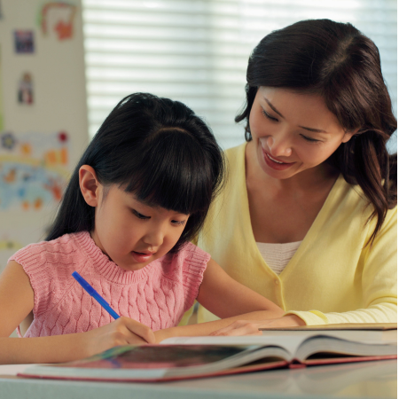 Mother and child learning writing